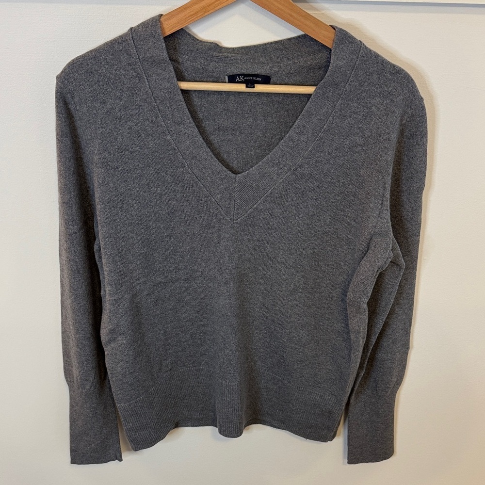 Anne Klein Cashmere Cotton Gray Blend V-neck Sweater Long Sleeve Women’s Size L